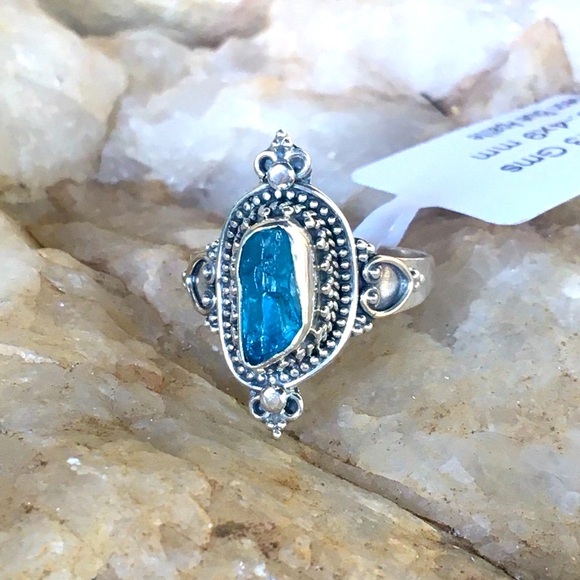 NEON BLUE APATITE Bali filigree sterling ring 7 - Picture 2 of 10